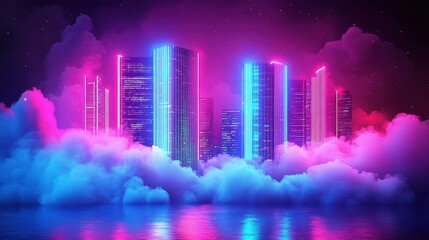 Poster - futuristic metropolis shimmering with neon lights and misty clouds dreamlike cityscape vision of tom
