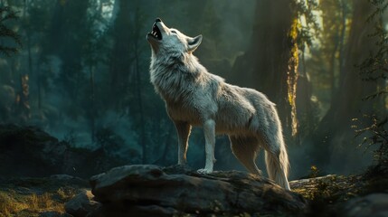 majestic arctic wolf howling in misty forest