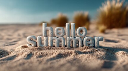 Poster - Warm sunlight shines down on a sandy beach where the words hello summer are creatively arranged. Soft dunes and grasses provide a backdrop, capturing the essence of summer fun and relaxation