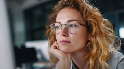 Poster - A focused individual with curly hair and glasses ponders business strategies in a contemporary office