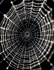 Poster - a stunning close up image of a intricately woven spider web glistening in the light against a stark 