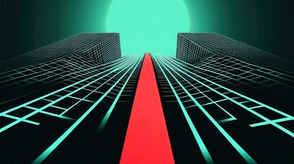 Poster - retro futuristic landscape grid with glowing sun and red road for synthwave and cyberpunk illustrati