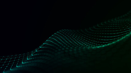 Leinwandbilder - Abstract wave. Interweaving of dots and lines on a black background. Big data. 3D rendering.