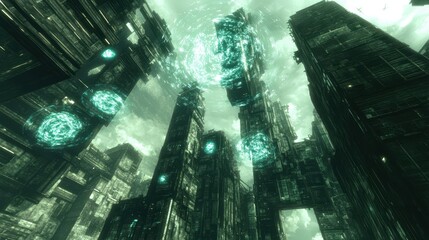 Poster - Futuristic cityscape under a gloomy sky evoking a sense of urban mystery and dystopia with towering structures and digital lights