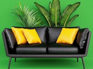 Poster - Black Leather Sofa with Yellow Pillows and Tropical Plants Against Green Background