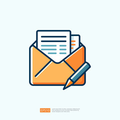 Poster - Business Icon Illustration Featuring an Open Envelope with Papers and a Pen on a Light Background