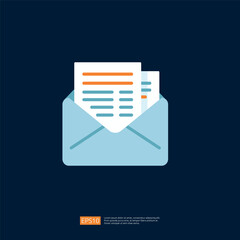 Poster - Modern Business Email Icon Illustration Featuring Open Envelope with Pages and Document Files for Efficient Communication