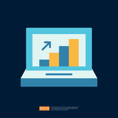 Poster - Business Icon Illustration of a Laptop Displaying Growth Chart with Statistical Graph and Colorful Bar Graphs