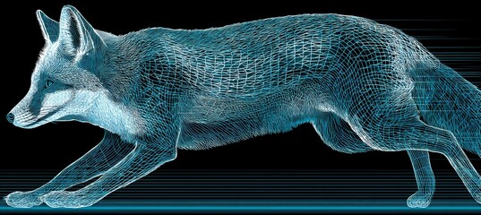Poster - Holographic Render Of A Fox Running In A Digital Landscape, Blending Nature And Technology