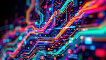 Fototapete - a close up shot of a vibrant and colorful abstract technology background, featuring flowing lines, geometric shapes