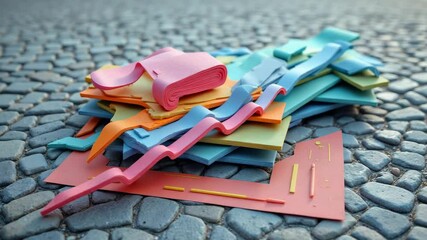 Poster - A pile of colorful, layered geometric foam sheets and ribbons arranged on a cobblestone surface outdoors.
