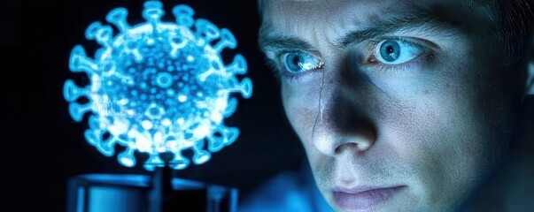 Poster - Close-up of a Scientist Observing a Holographic Representation of a Virus with Intent Focus and Reflection in His Eyes
