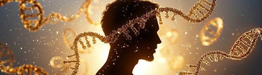 Poster - Conceptual Human Silhouette Surrounded by DNA Strands and Light with a Warm Glow Representing Genetic Ideas and Scientific Exploration