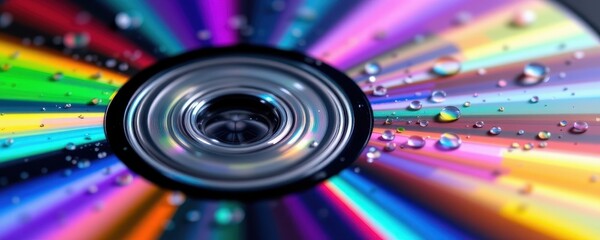 Poster - water drops glisten on the surface of a dvd disc, reflecting the vibrant colors of the background in