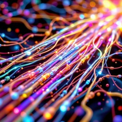 Fototapete - a high resolution 3d rendering showcasing a complex network of vibrant fiber optic cables, conveying the modern and advanced technology of data visualization.