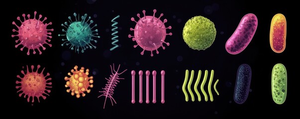 Poster - Comparative View of Various Bacterial Shapes Featuring Round, Rod, Spiral, and Vibrio Forms in Vibrant Colors Against a Dark Background