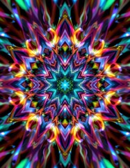 Poster - a stunning kaleidoscope art background featuring vibrant futuristic triangular shapes created with laser beams that shine and reflect in multiple layers of mirrors.
