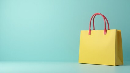 Poster - Shoppable Video. Simple Shopping Experience. Isolated background, copyspace.. Simple yellow shopping bag sits in clean space, symbolizing easy and accessible shopping experience.