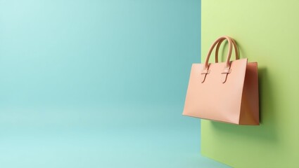 Poster - Shoppable Video. Fashion statement hangs. Isolated background, copyspace.. Pink bag serves as stylish statement piece against minimalist backdrop in domestic setting.