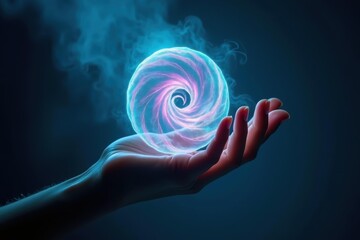 Poster - Fantasy magic. Hand glowing. Blue smoke. Spiral vortex. Energy orb. Gesture power. Light swirl. Dark background. Mystical light. Sorcery concept. Enchantment effect. Digital art. 3D render. Sci-fi th