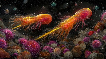 Poster - Conceptual Illustration of the Evolution of Human Cloning with Microorganisms and Cellular Structures in a Colorful Microbial Environment