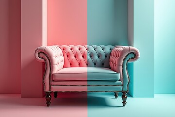 Poster - chesterfield sofa. split color. vintage design. soft leather. classic style. blue pink. comfortable 