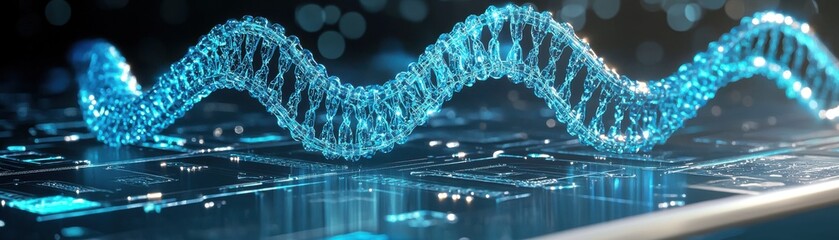 Poster - Futuristic Concept of Living DNA Integrated with Microchips for Advanced Biotechnology and Genetic Engineering Innovations