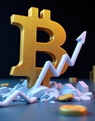 Poster - a 3d illustration depicting a digital currency symbol for bitcoin against a dark background, with a falling graph representing the decrease in value of the cryptocurrency