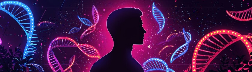 Poster - Conceptual Human Silhouette Surrounded by Bright Abstract Elements Against Colorful Background with DNA Motifs and Sparkles