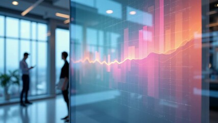 Poster - A digital graph with colorful bars and a rising trend line is displayed on glass in a modern office, while two people discuss in the background.
