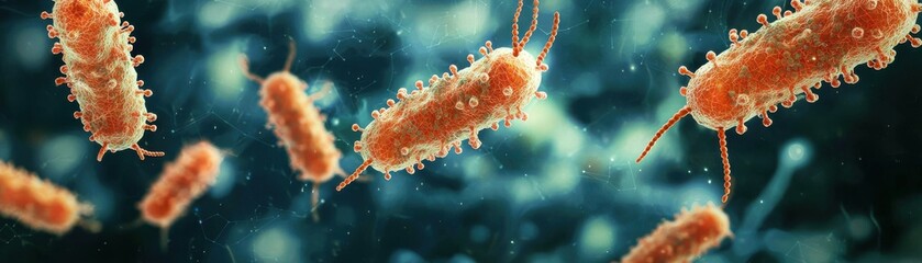 Poster - Conceptual Illustration of Synthetic Bacteria Design with Colorful Highlights Against a Soft Focus Background for Scientific Research and Education