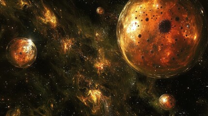 Poster - Conceptual Artwork Depicting Bacterial Spores in a Cosmic Setting with Fiery Colors and Ethereal Backgrounds
