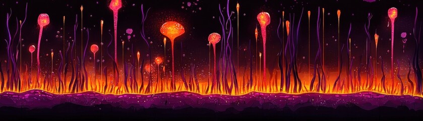 Poster - Conceptual Digital Artwork Depicting Hypothetical Deep Sea Microbes in Vibrant Colors Against a Dark Background