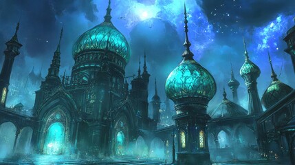 Poster - Enigmatic azure cityscape intricate turrets against celestial starlit canopy dreamlike otherworldly architecture digital painting