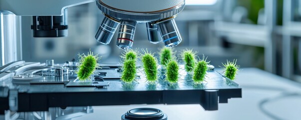Poster - Close-Up View of Mutated Bacteria Under a Microscope in a Laboratory Environment Highlighting Evolution and Microscopic Details