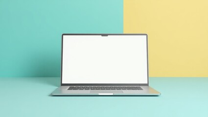 Poster - Siteliner. Digital nomad life. Isolated background, copyspace.. Laptop sits on table amidst isolated, minimalist space, symbolizing digital nomad lifestyle freedom.