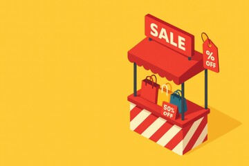 Aufkleber - Colorful Sale Booth With Shopping Bags and Discount Signs Set Against a Bright Yellow Background Generative AI