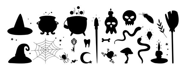 Wall Mural - Magician items black silhouettes. Bubbling cauldrons, broom, witch hats, skulls and candles. Snakes and spider, web, mushroom and frog, isolated vector icons