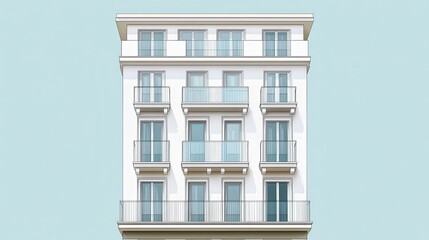 elegant facade of multi story dwelling with balcony windows in clean white architectural style on pa