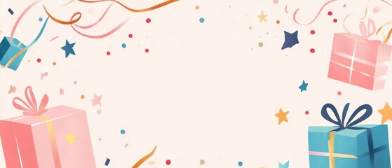 Wall Mural - festive celebration background with watercolor gift boxes, confetti, and ribbons for birthday or hol