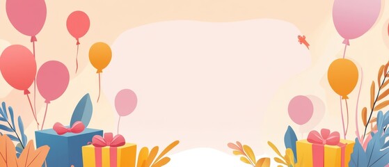 Wall Mural - festive birthday background with balloons, gifts, and floral elements in pastel colors for celebrati