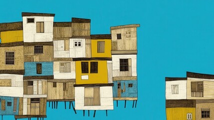 Poster - Abstract Vernacular Architecture on Azure Canvas Minimalist Geometric Housing Clusters Artistic Dwelling Stacks Colorful Building Abstraction