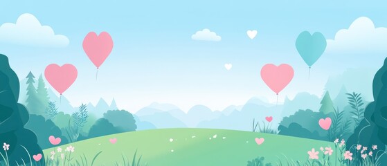 serene heart balloons landscape illustration with green meadow, trees, and mountains in pastel color