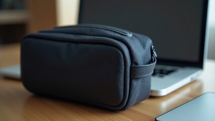 Poster - Small Tech Pouch. Portable Tech Bundle. Trend product close-up. Small portable tech pouch rests beside laptop and black bag, symbolizing organized productivity always.