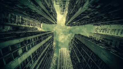 Poster - Urban Abyss Perspective of Dense Buildings Exploring the Depth and Geometry of City Architecture Creating a Unique Visual Appeal