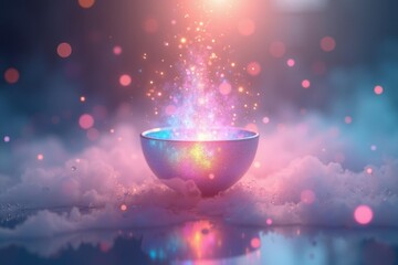 Poster - Magic bowl. Glowing light. Sparkling particles. Fantasy concept. Mystical energy. Purple blue. Shiny metal. Round shape. Floating sparkles. Abstract design. Creative art. Fantasy background. Dreamy a