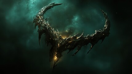 Wall Mural - Nebulous Celestial Crescent, Ethereal cosmic dreamscape with a crescent formation suspended in a teal and emerald nebulous expanse