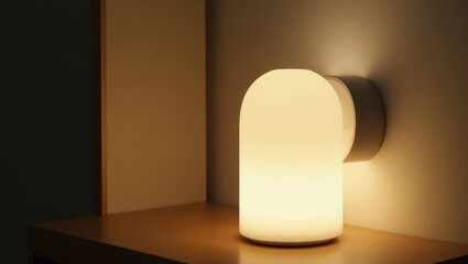 Poster - Warm lamp. Modern design. Minimalist style. Soft glow. Night light. Home decor. Ambient lighting. Relaxed mood. Indoor setting. Cozy atmosphere. Contemporary look. Bedroom use. Office space. Young ad
