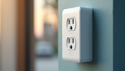 Poster - Modern outlet. White socket. Indoor wall. Soft lighting. Focus closeup. Electrical appliance. Home energy. Convenience plug. Apartment interior. Residential space. Power access. Utility essential. Da