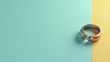 Poster - Minimalist rings. Jewelry accessory. Studio photo. Soft colors. Yellow blue background. Elegant modern style. Gift concept. Fashion female. Wedding symbol. Close up shot.